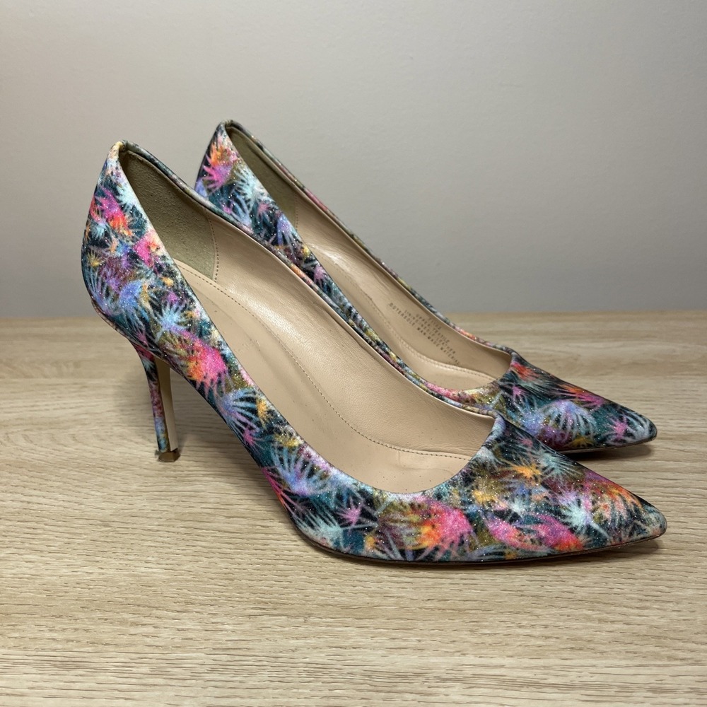 J Crew Elsie Pumps Heels In Glitter Palm Colorful Statement Size 7.5
